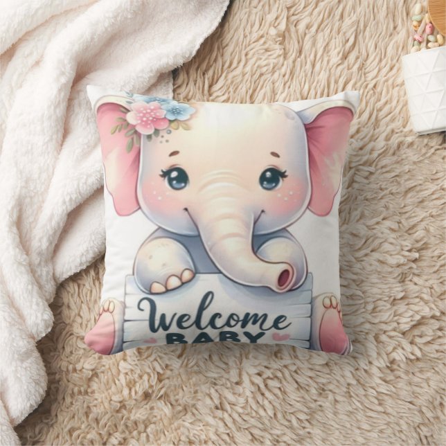 Coussin Mignon éléphant bébé avec fleurs Bienvenue bébé Ar (Couverture)