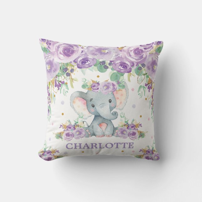 Coussin Mignon éléphant bébé floral violet pour la chambre (Recto)