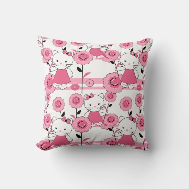 Coussin mignon enfants chaton rose blanc imprimé (Recto)
