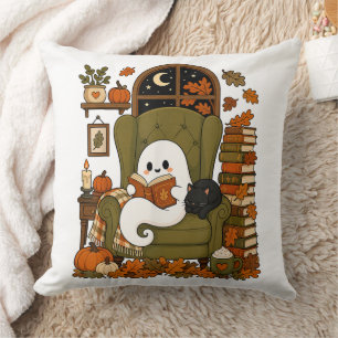 Coussin Mignon Fantôme Lisant un Livre Chat Noir Automne C
