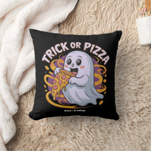 Coussin Mignon fantôme mangeant de la pizza drôle et effra