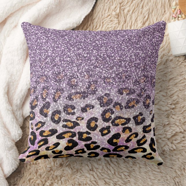 Coussin Mignon fille tendance violet faux paillettes léopa (Couverture)