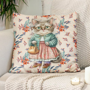 Coussin Mignon grand-mère vintage Chat Tablier rose Lunett