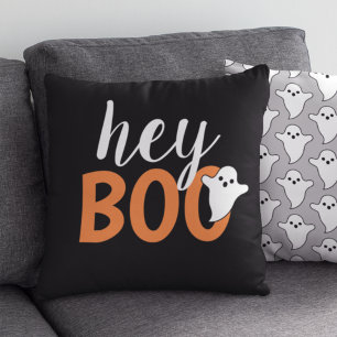 Coussin Mignon Hey Boo Fantôme Noir et Orange