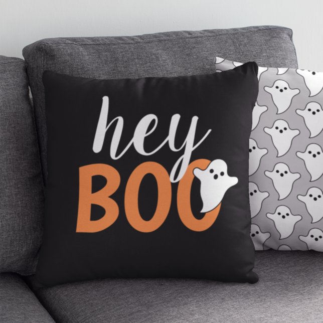 Coussin Mignon Hey Boo Fantôme Noir et Orange (Créateur téléchargé)