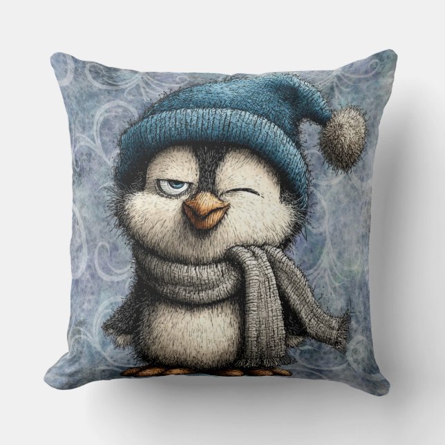 Coussin Mignon manchot bleu d'hiver avec chapeau et écharp (Recto)
