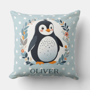 Coussin Mignon manchot de dessin animé et fleurs 
