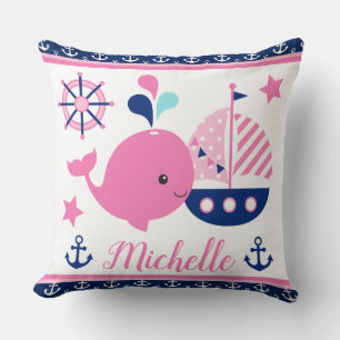Coussin Mignon motif baleine rose et ancres nautiques