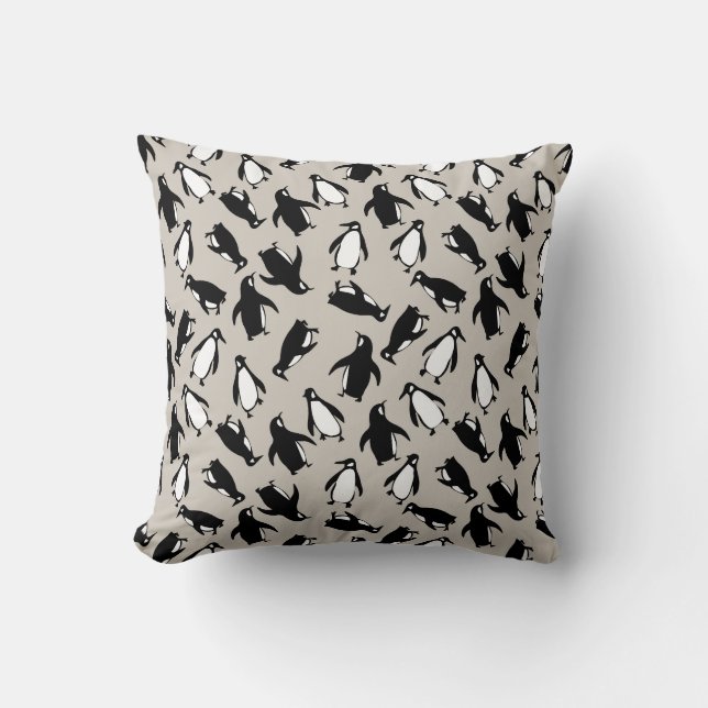 Coussin Mignon motif de manchot noir blanc sur fond gris (Recto)