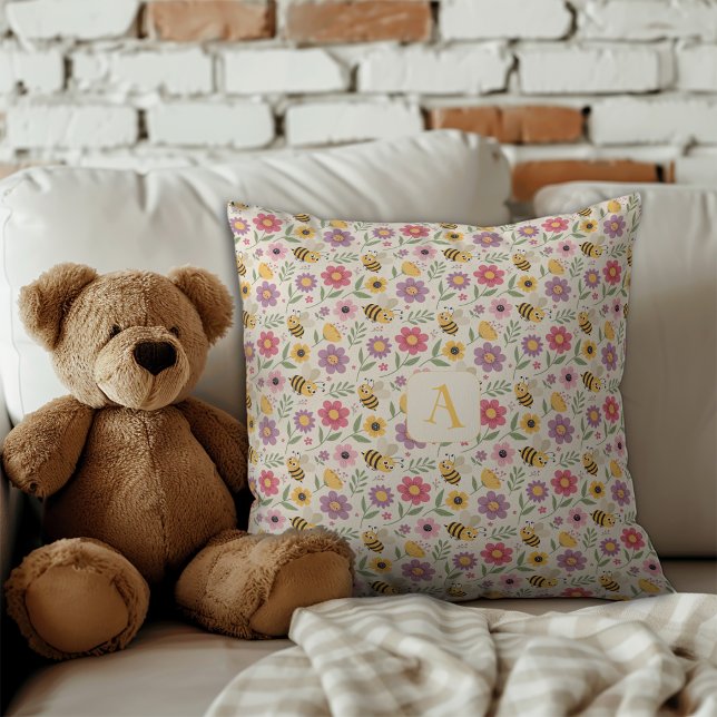 Coussin Mignon motif de monogramme abeille de dessin animé (Créateur téléchargé)