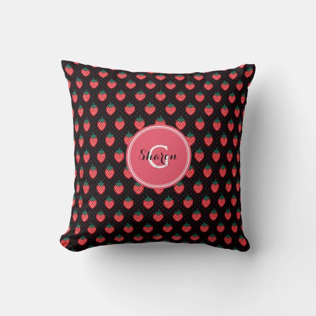 Coussin Mignon motifs de fraise noirs et roses avec monogr (Recto)