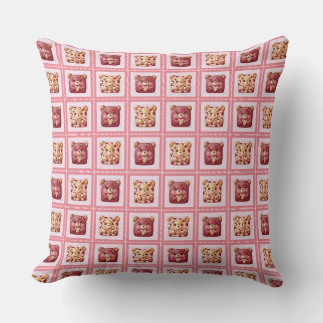 Coussin Mignon ours en peluche en velours rouge patchwork (Recto)