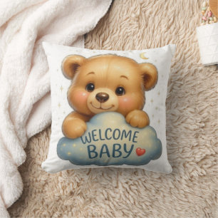 Coussin Mignon ours en peluche sur un nuage Bienvenue bébé