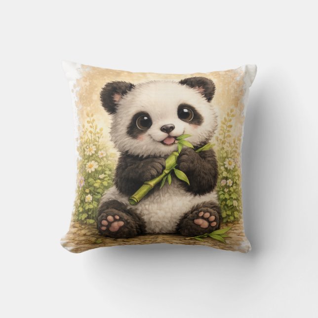Coussin Mignon Panda Mangeant du Bambou Bébé Panda Kawaii  (Recto)