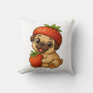 Coussin Mignon pug avec des fraises fruité dessin animé dr