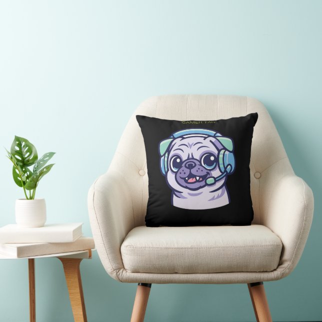 Coussin Mignon Pug Gamer Vert Acide Chambre de jeu Noir  (Chaise)