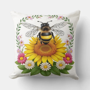 Coussin Mignonne abeille de dessin animé entourée de fleur
