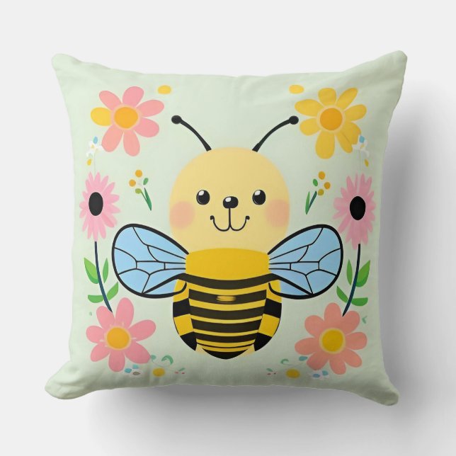 Coussin Mignonne abeille de dessin animé entourée de fleur (Recto)