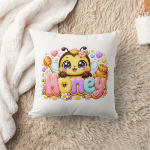 Coussin Mignonne Abeille Miel Kawaii Nom Pastel Rose Étinc
