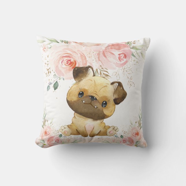 Coussin Mignonne Adorable Carlin Chien Blush Rose Floral G (Recto)