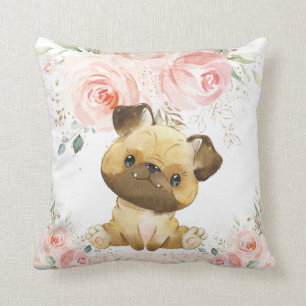 Coussin Mignonne Adorable Carlin Chien Blush Rose Floral G