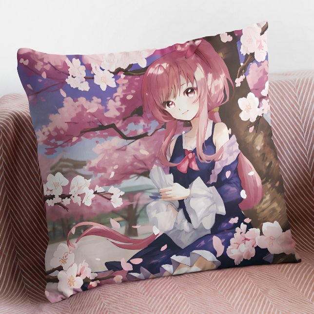 Coussin Mignonne Anime Girl Sous Un Arbre En Fleur De Ceri (Créateur téléchargé)