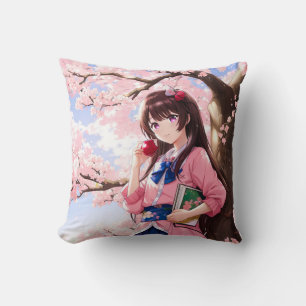 Coussin Mignonne Anime Girl Sous Un Arbre En Fleur De Ceri