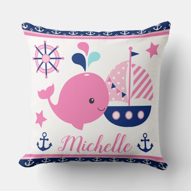 Coussin Mignonne baleine rose marine et Motif Ancres (Recto)