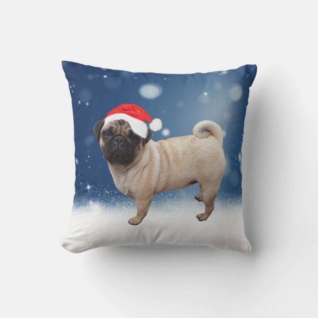 Coussin Mignonne chien Carlin Noël Père Noël Chapeau Neige (Recto)