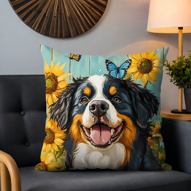 Coussin Mignonne Chien Peinture Tournesols Rustiques Papil (Créateur téléchargé)