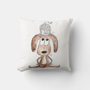 Coussin Mignonne chien Whimsical avec chat sur sa tête