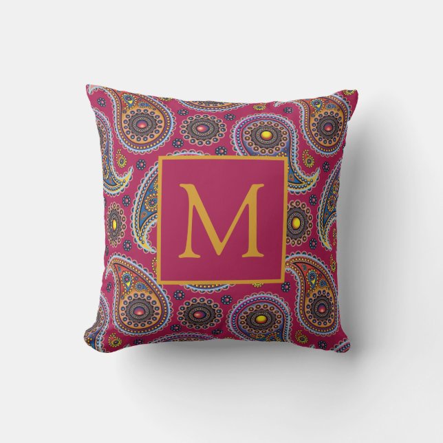 Coussin Mignonne Classic Paisley Rouge Jaune Monogramme (Recto)