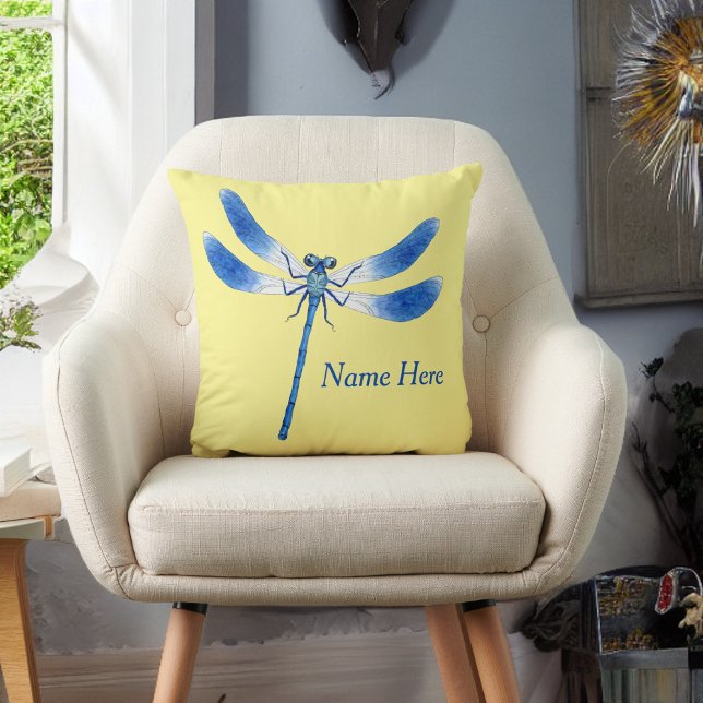 Coussin Mignonne comme libellule Bleu Boeuf sur jaune pâle (Créateur téléchargé)