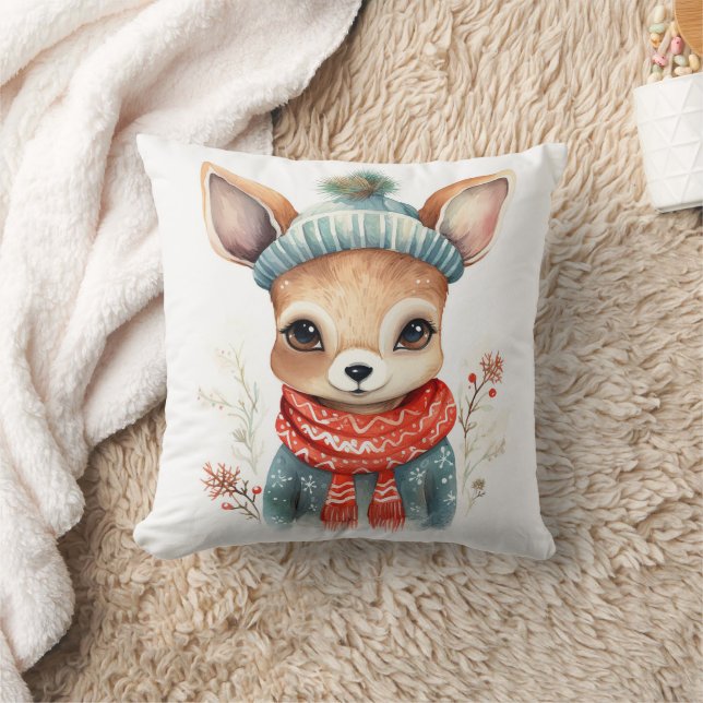 Coussin mignonne fille de cerf aquarelle dans un pull du N (Couverture)