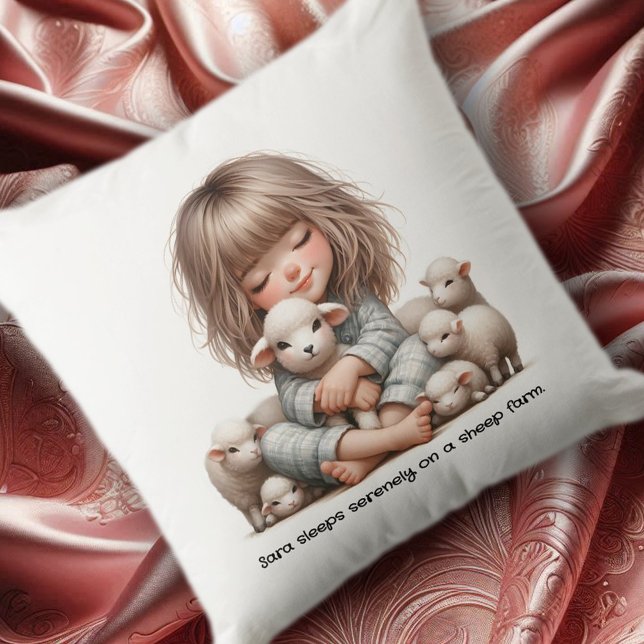 Coussin Mignonne fille dort sur une ferme à moutons (Cute Girl Cuddles Sheep in Her Sleep Throw Pillow Cover Photo)