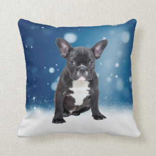 Coussin Mignonne French Bulldog Etoiles de neige Bleu Noël