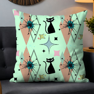 Coussin Mignonne Girly Moderne Mi-Siècle Étoiles & Chat Ve
