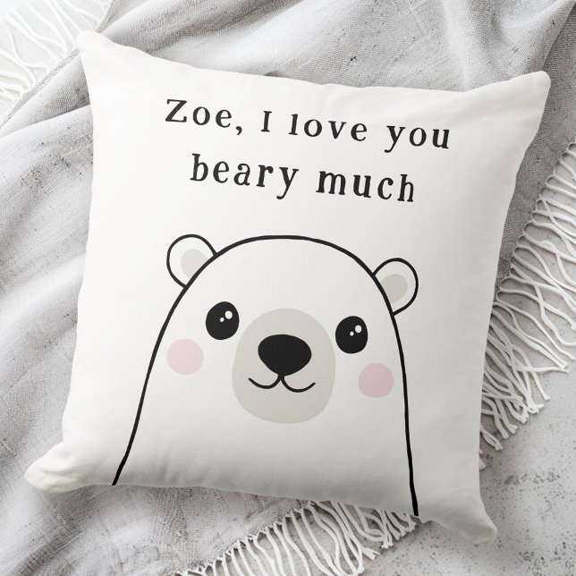 Coussin Mignonne Je t'aime baiser beaucoup d'ours polaire  (Cute I love you beary much polar bear custom name Throw Pillow)