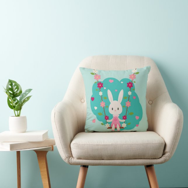 Coussin Mignonne lapin sur les fleurs à ailes Coeurs Bleus (Chaise)