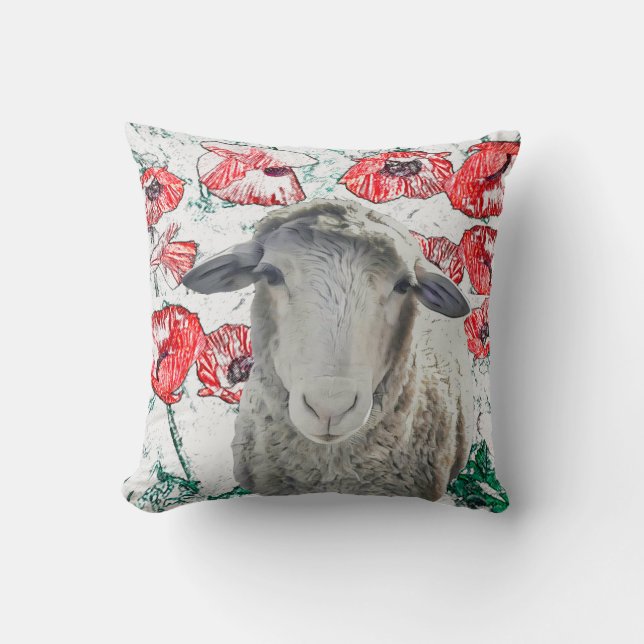 Coussin Mignonne Mérino Mouton Animal Red Poppy Fleurs (Recto)