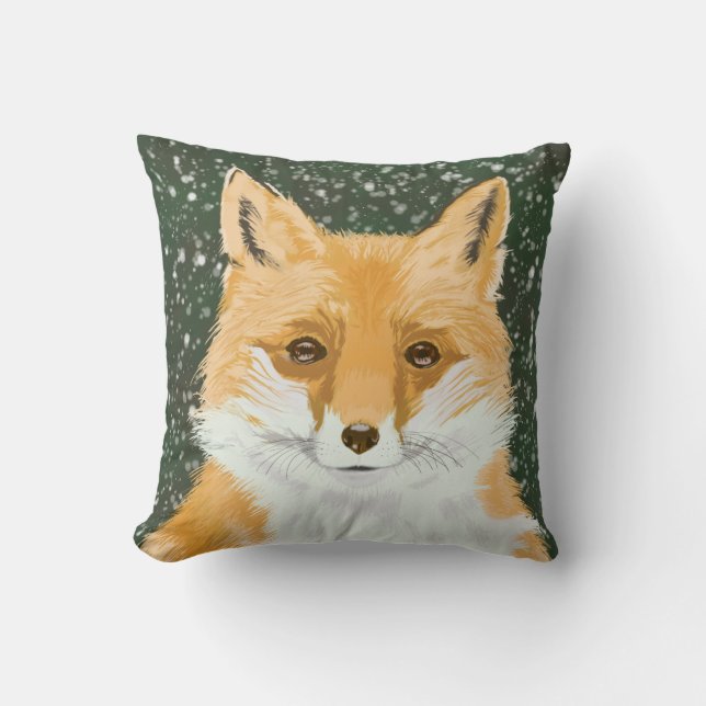 Coussin Mignonne Petit Renard Rouge - dans la neige. (Recto)
