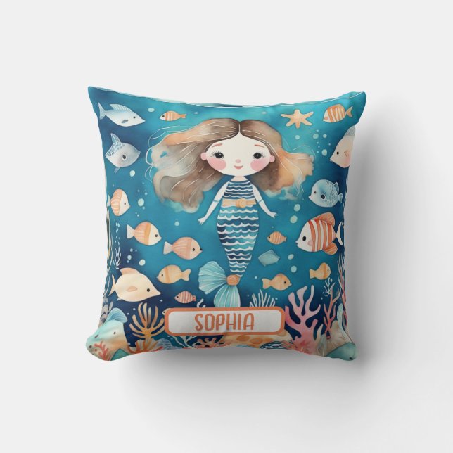 Coussin Mignonne petite sirène sous la mer avec du poisson (Recto)