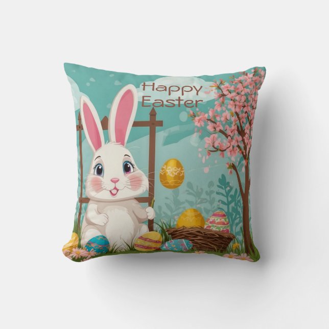 Coussin Mignonne printemps Oeufs de lapin de Pâques Illust (Recto)