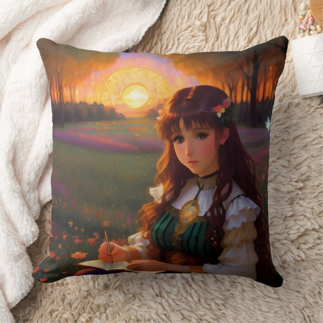 Coussin Mignonne Sad Anime Style Femme dans le pré au couc (Couverture)