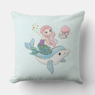 Coussin Mignonne sirène chevauchant un dauphin sous la mer