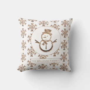 Coussin Mignonne Snowman Snowflakes Blanc et Or