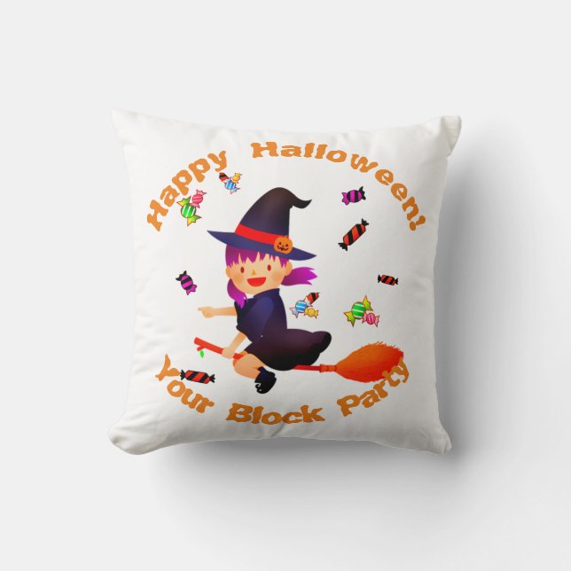 Coussin Mignonne sorcière vole sur son Broom Halloween (Recto)