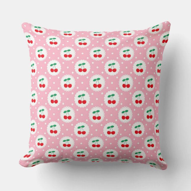 Coussin Mignonnes cerises d'été Vintages sur rose pâle (Recto)