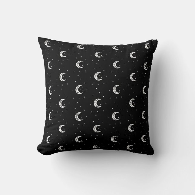Coussin Mignonnes Lunes et Étoiles en noir et blanc (Recto)