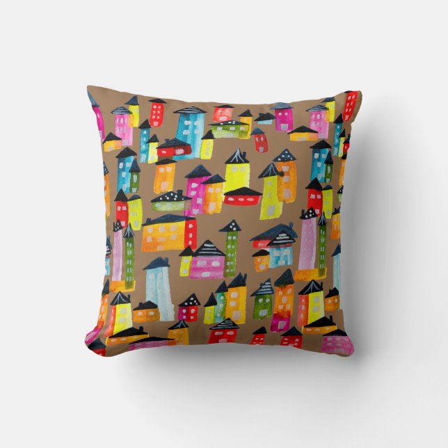Coussin Mignonnes maisons colorées aquarelle art (Recto)